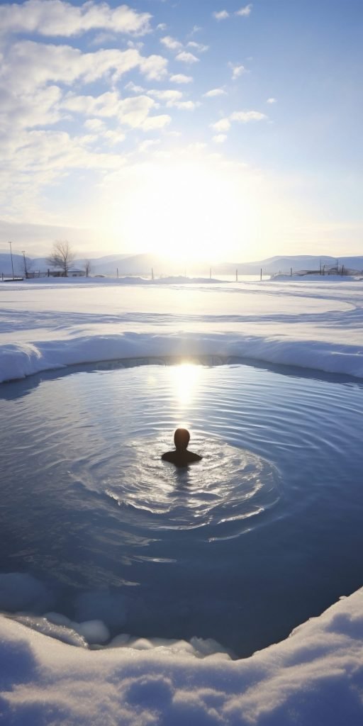 Persona bañándose en un lago helado rodeado de nieve al amanecer